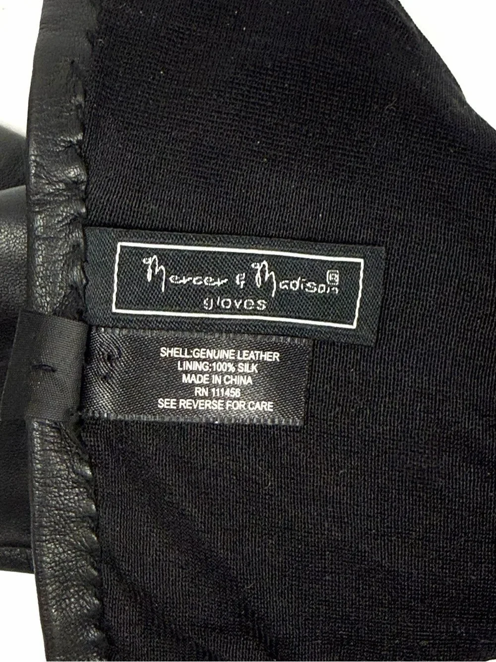 Mercer & Madison Black Leather Gloves Silk Lined XL 12” Long Brass Stud Accent